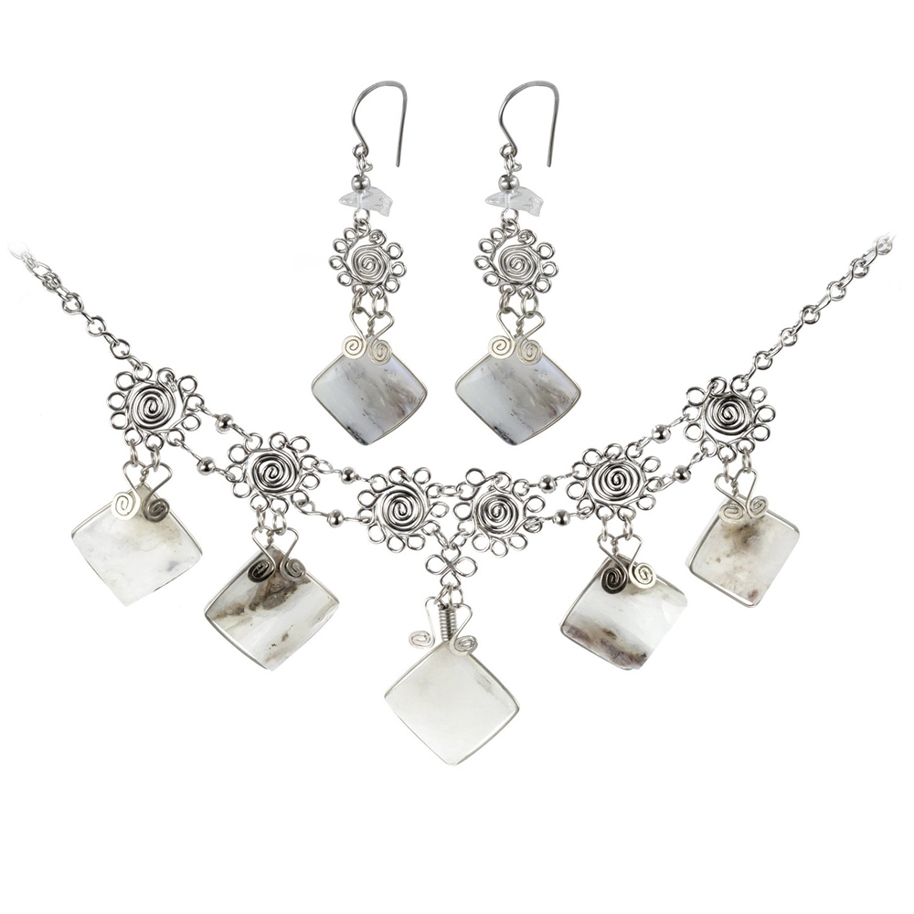Semi-Precious 5-Stone Pendant Alpaca Silver Necklace Set with Matching Earrings